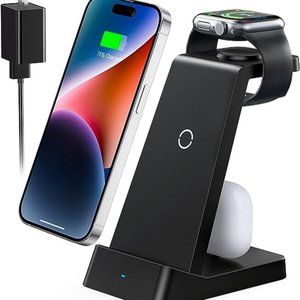 3 in 1 Fast Wireless Charging Station Black w/ adapter Watch iPhone Airpod CW320